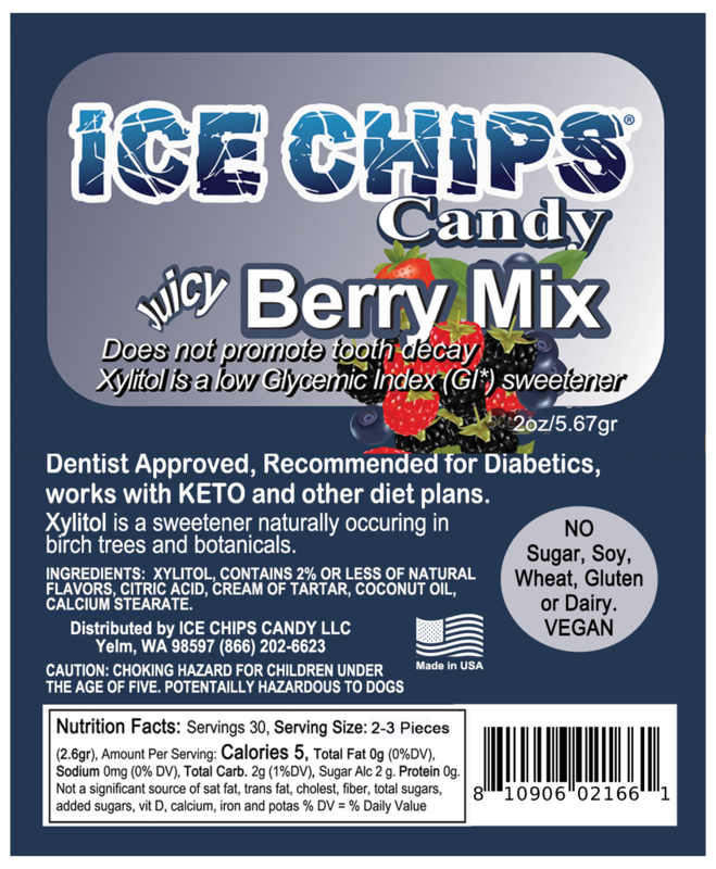 Ice Chips Candy Berry Mix flavor xylitol candy, 2oz pouch — sugar-free, dentist approved, vegan, gluten-free