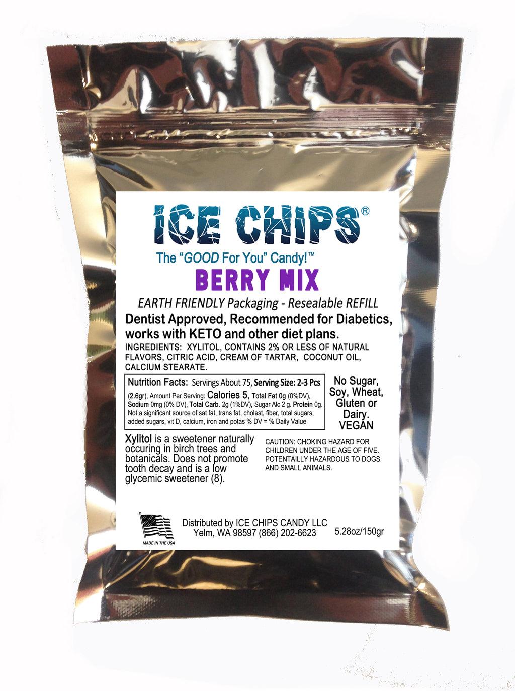 A silver resealable pouch of ICE CHIPS Berry Mix Xylitol candy with a white front label, photographed against a plain white background.