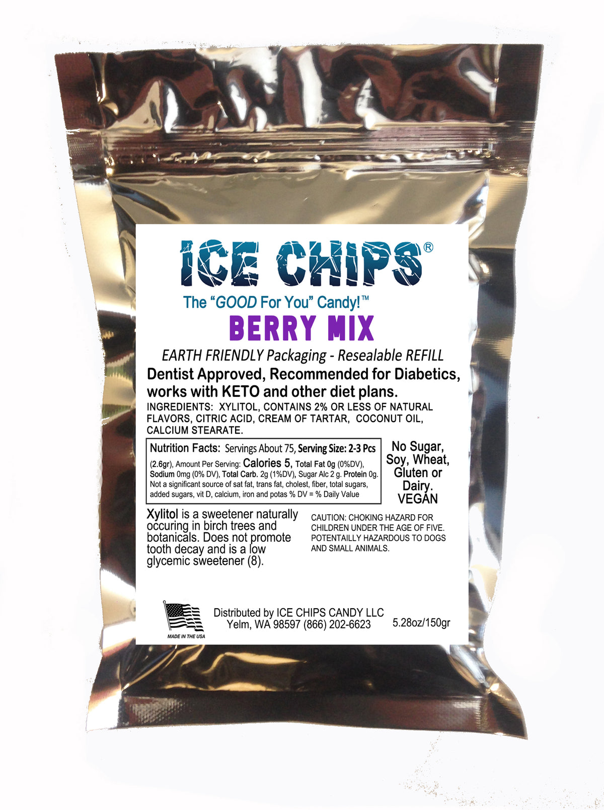 A silver resealable pouch of ICE CHIPS Berry Mix Xylitol candy with a white front label, photographed against a plain white background.