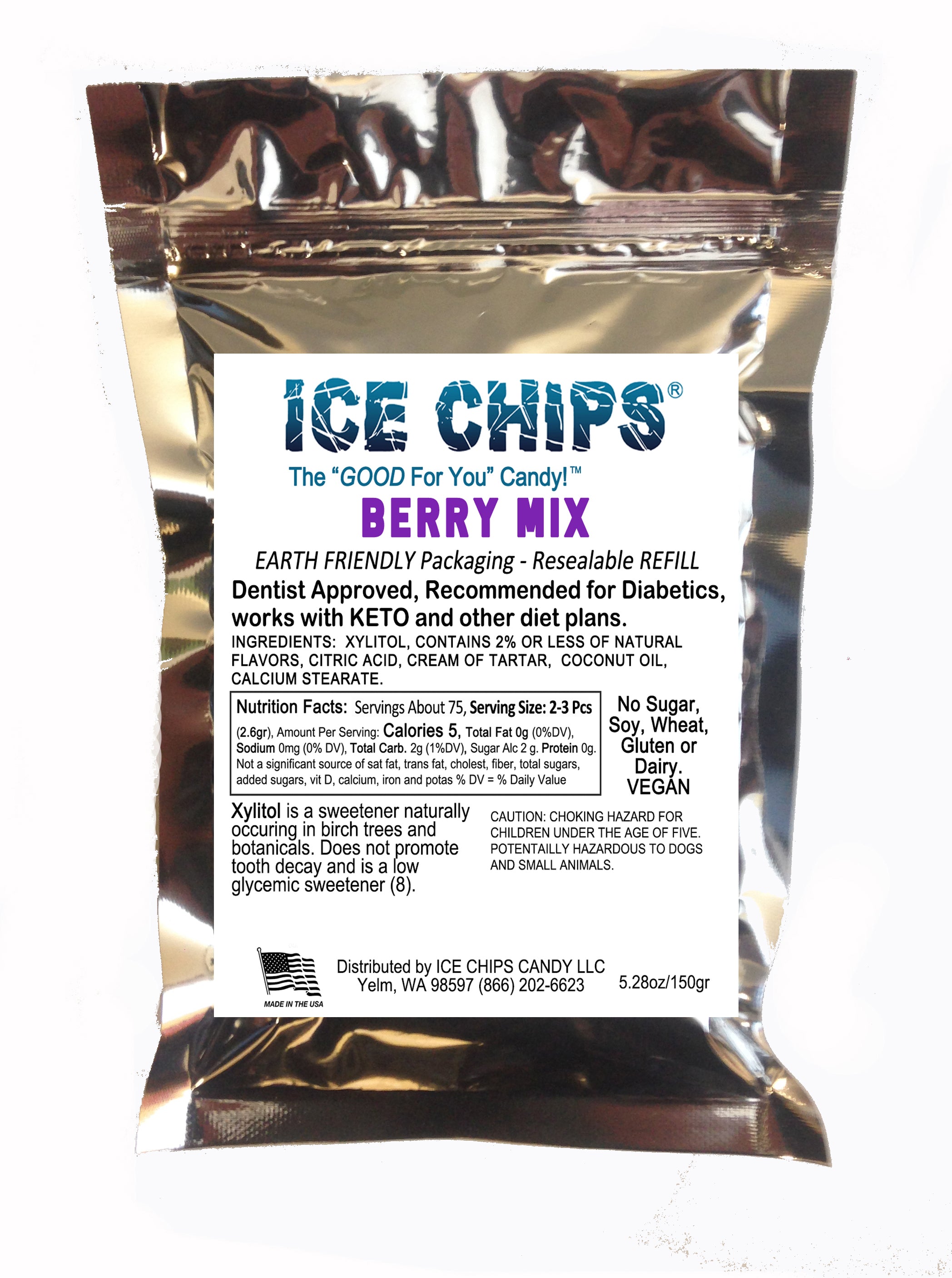 A silver resealable pouch of ICE CHIPS Berry Mix Xylitol candy with a white front label, photographed against a plain white background.