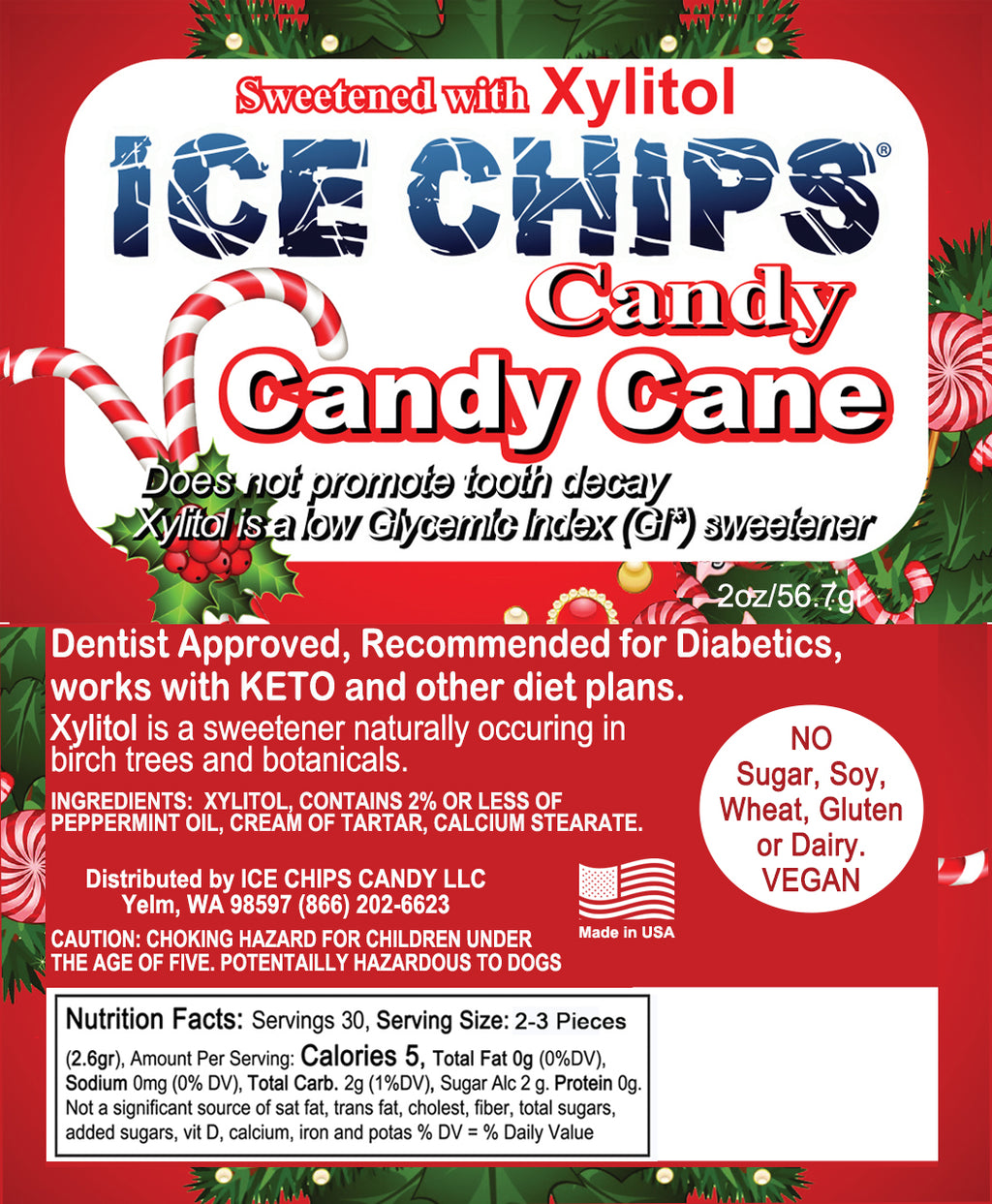Front of an ICE CHIPS Candy Cane product package with a red and white design, holiday green borders, candy cane graphics, and text noting it is sweetened with xylitol and contains no sugar, soy, wheat, gluten, or dairy.