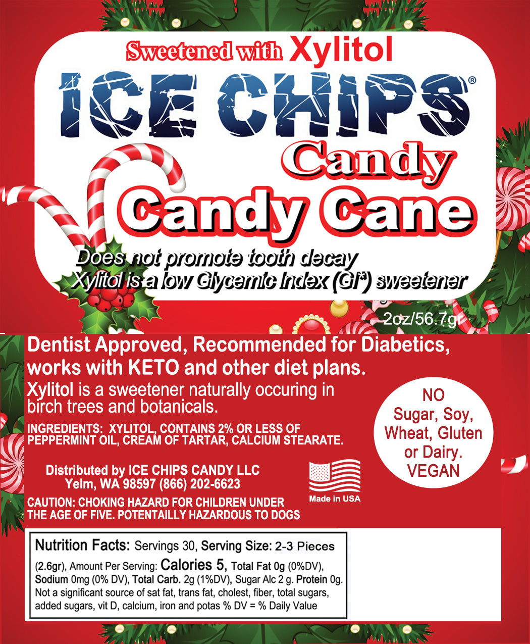 Front of an ICE CHIPS Candy Cane product package with a red and white design, holiday green borders, candy cane graphics, and text noting it is sweetened with xylitol and contains no sugar, soy, wheat, gluten, or dairy.
