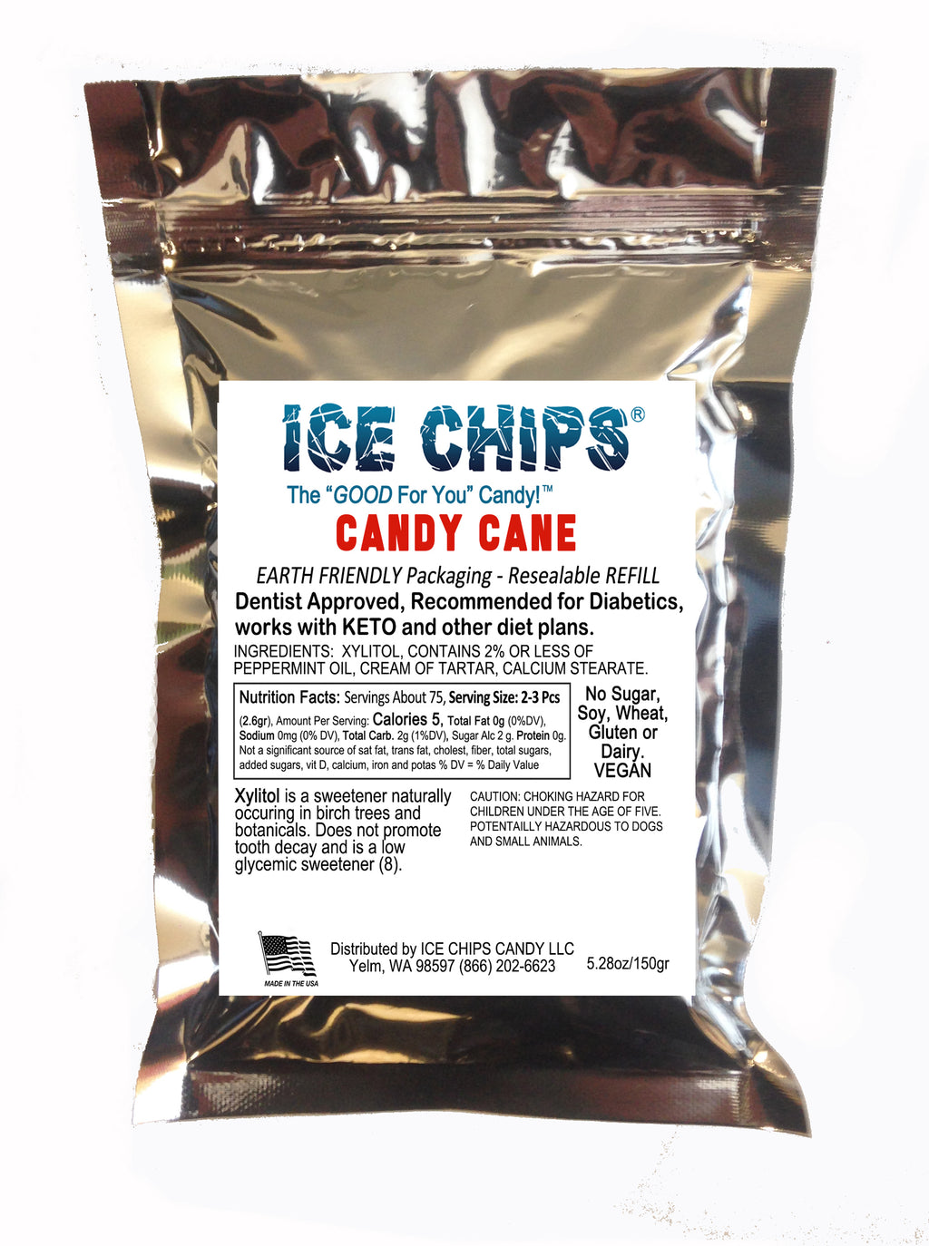 A resealable silver pouch of ICE CHIPS Candy Cane Xylitol Candy, featuring a white label with black and blue text on a white background.