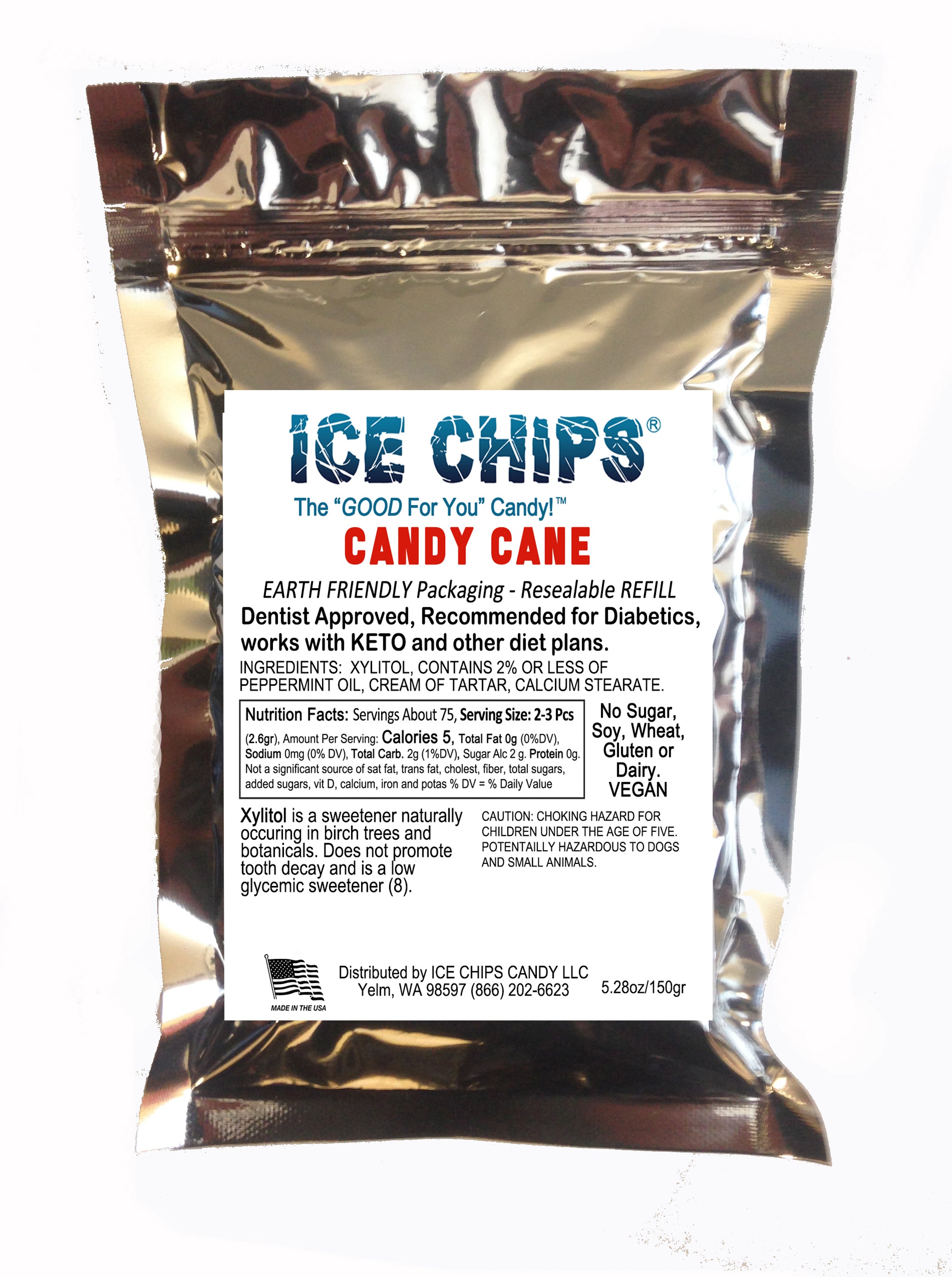 A resealable silver pouch of ICE CHIPS Candy Cane Xylitol Candy, featuring a white label with black and blue text on a white background.