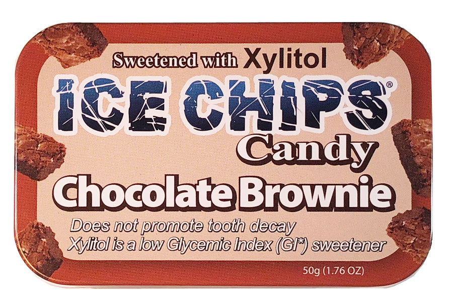 A rectangular candy tin labeled 'ICE CHIPS Candy Chocolate Brownie' with a beige center panel, brown border, and chocolate-brownie imagery around the edges. Text notes it is sweetened with xylitol and contains 50g (1.