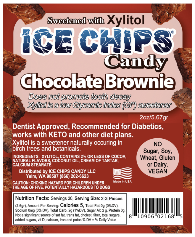 Front of an ICE CHIPS Candy Chocolate Brownie package label, showing the product name, ingredients, nutrition facts, and barcode on a brown background with chocolate imagery.