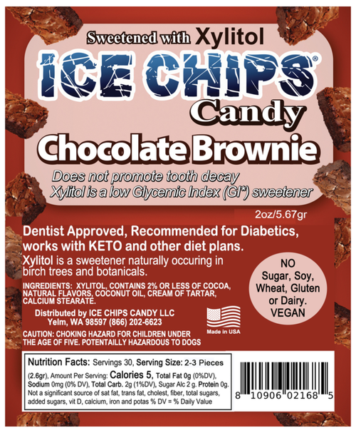 Front of an ICE CHIPS Candy Chocolate Brownie package label, showing the product name, ingredients, nutrition facts, and barcode on a brown background with chocolate imagery.