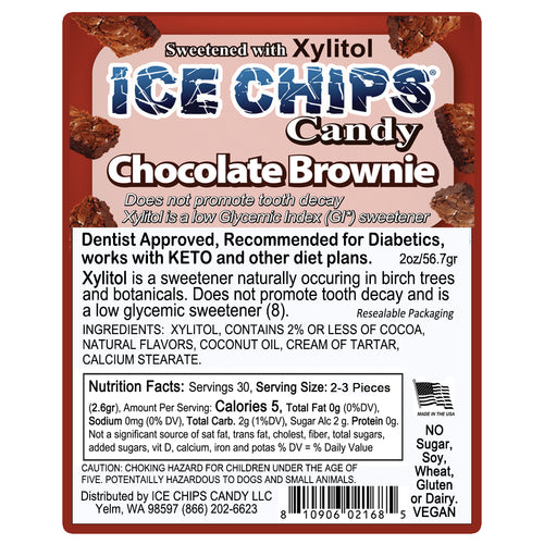 A square product label for ICE CHIPS Candy Chocolate Brownie sweetener, featuring a reddish-brown border, white text, and product details including ingredients, nutrition facts, and distribution info.
