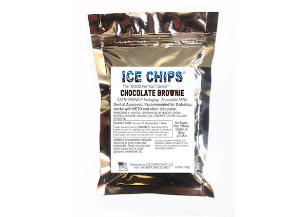 A resealable metallic silver pouch of Ice Chips Chocolate Brownie on a plain white background.