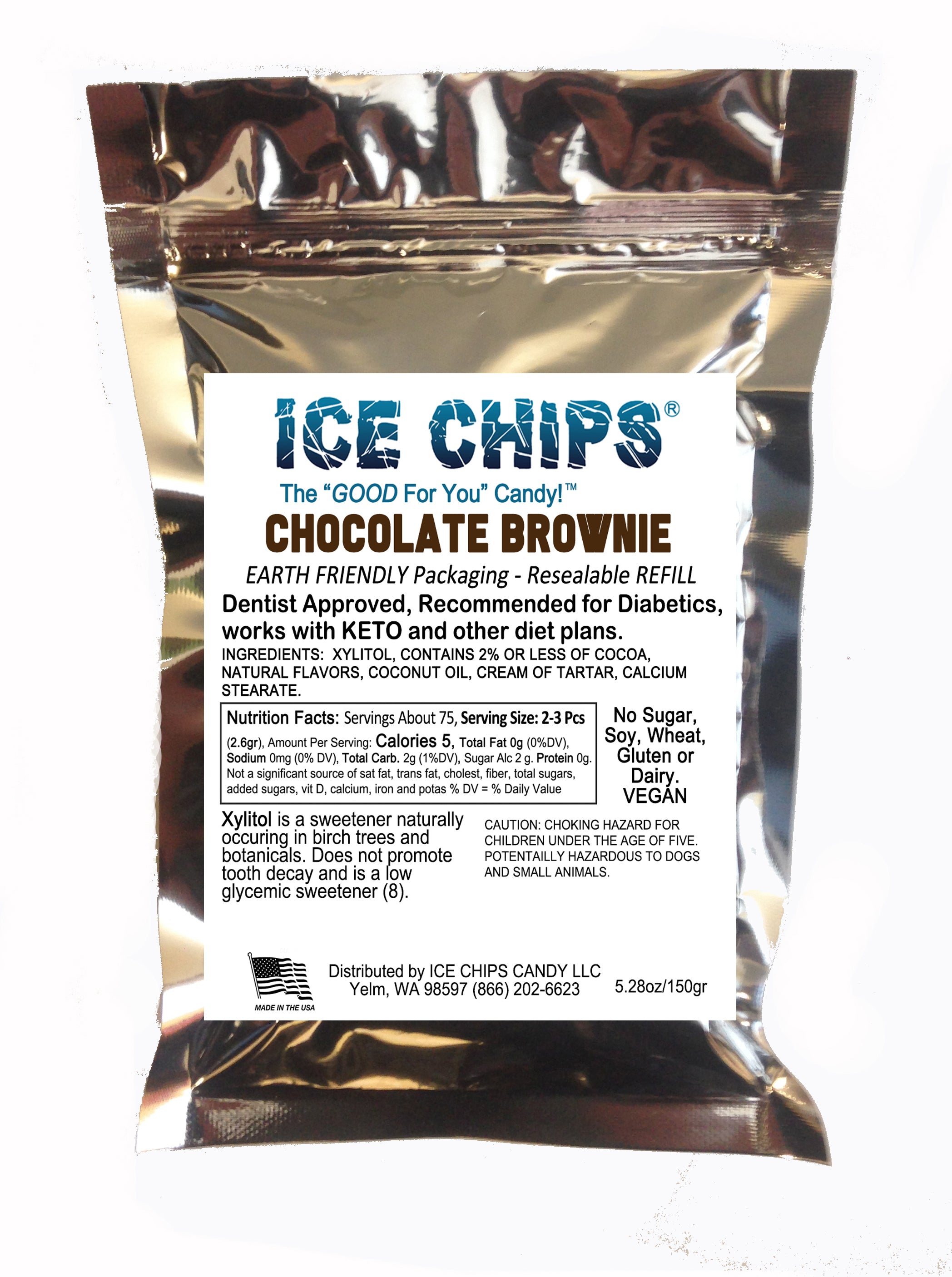 A resealable metallic silver bag of ICE CHIPS Chocolate Brownie Xylitol refill candy, featuring a white label with black and blue text, photographed against a plain white background.
