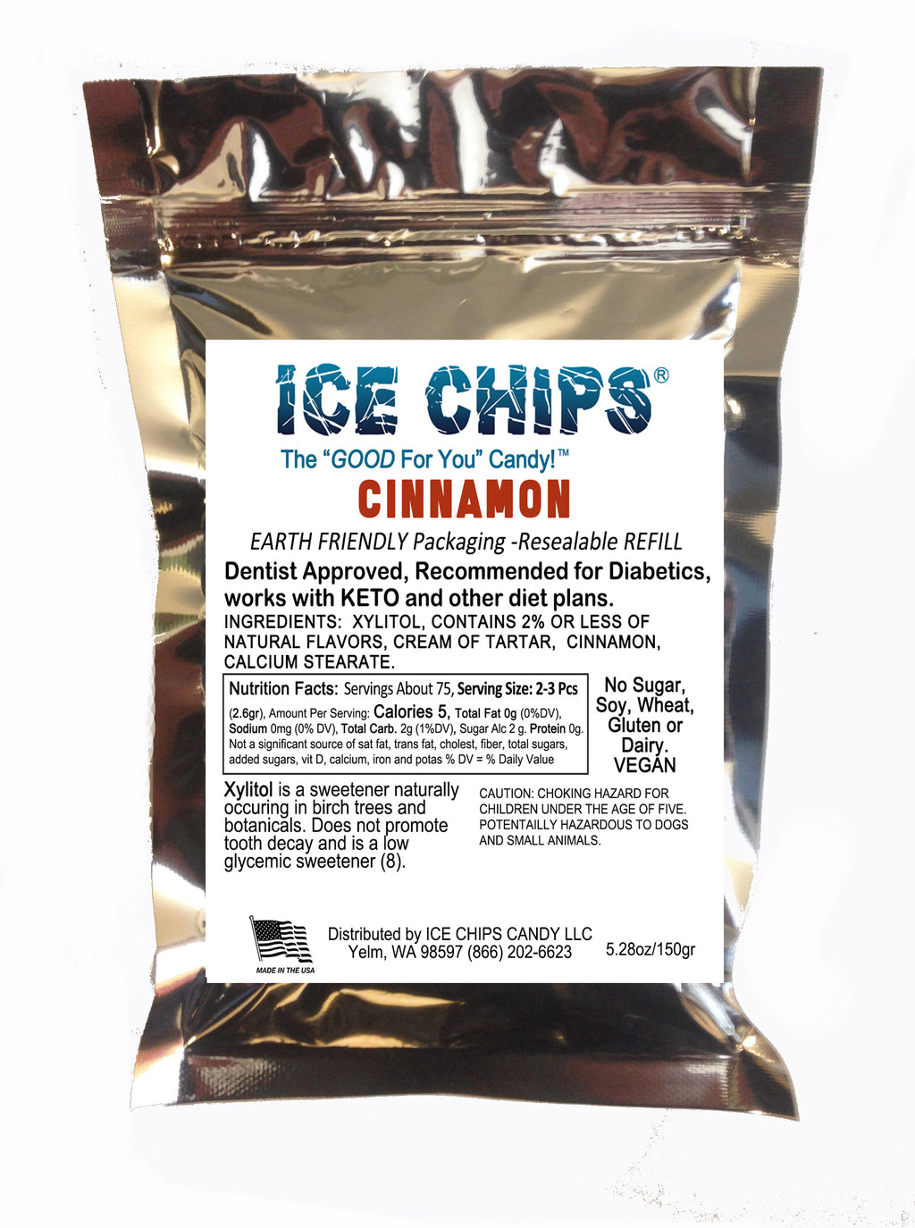 Ice Chips cinnamon xylitol candy packaging with a white label on a white background
