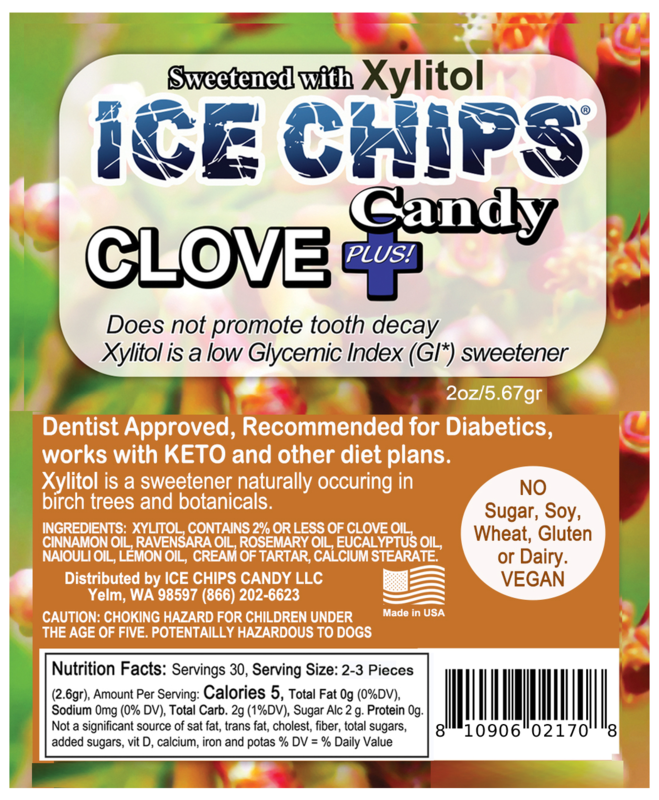 Ice Chips Candy Clove plus flavor xylitol candy, 2oz pouch — sugar-free, dentist approved, vegan, gluten-free