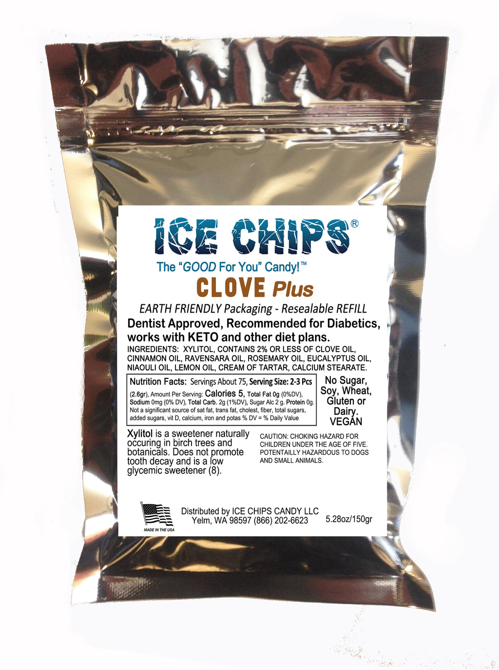 A metallic silver resealable pouch of ICE CHIPS Clove Plus Xylitol Candy, featuring a white label with blue and black text on a white background.