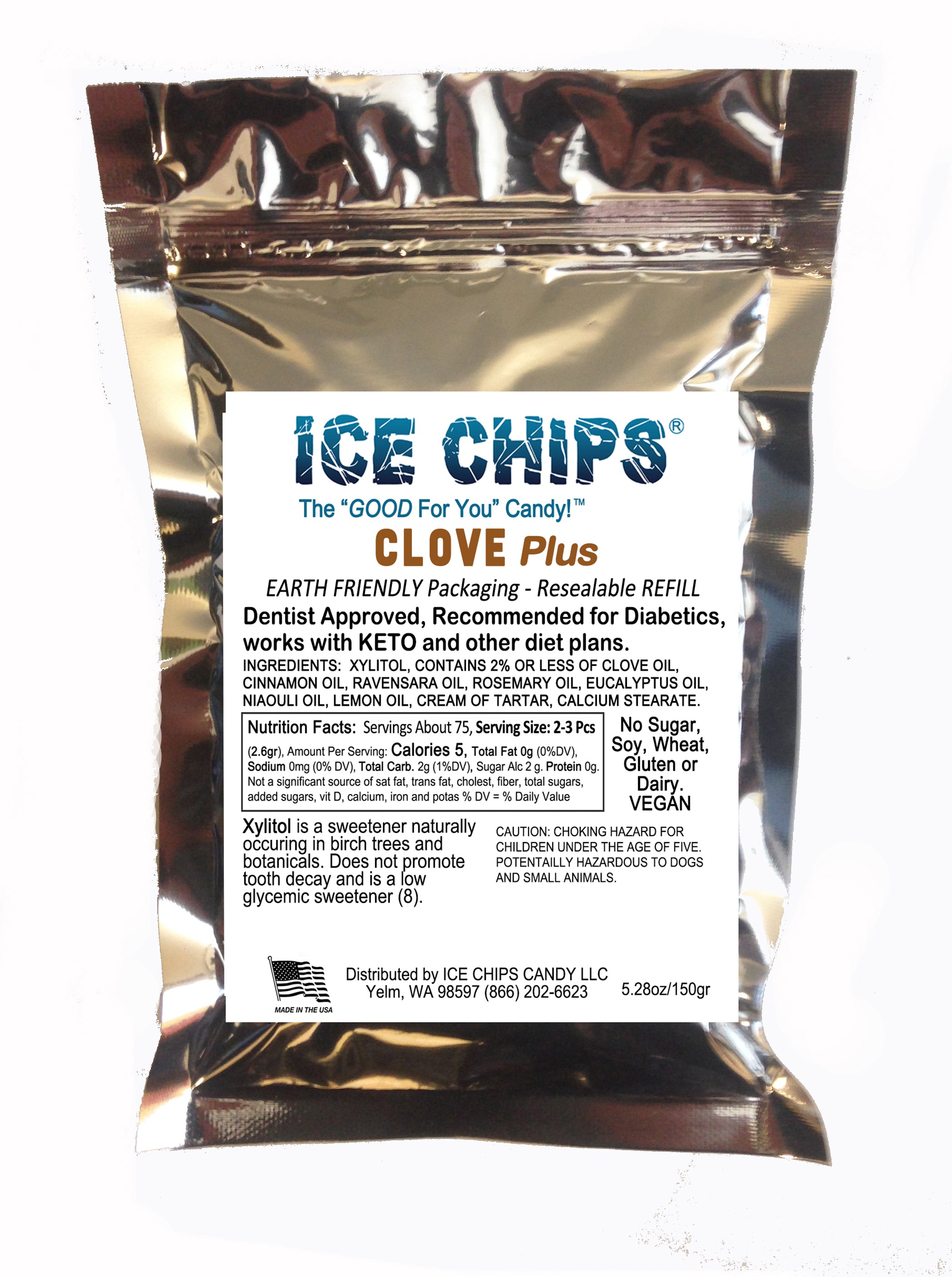 A metallic silver resealable pouch of ICE CHIPS Clove Plus Xylitol Candy, featuring a white label with blue and black text on a white background.