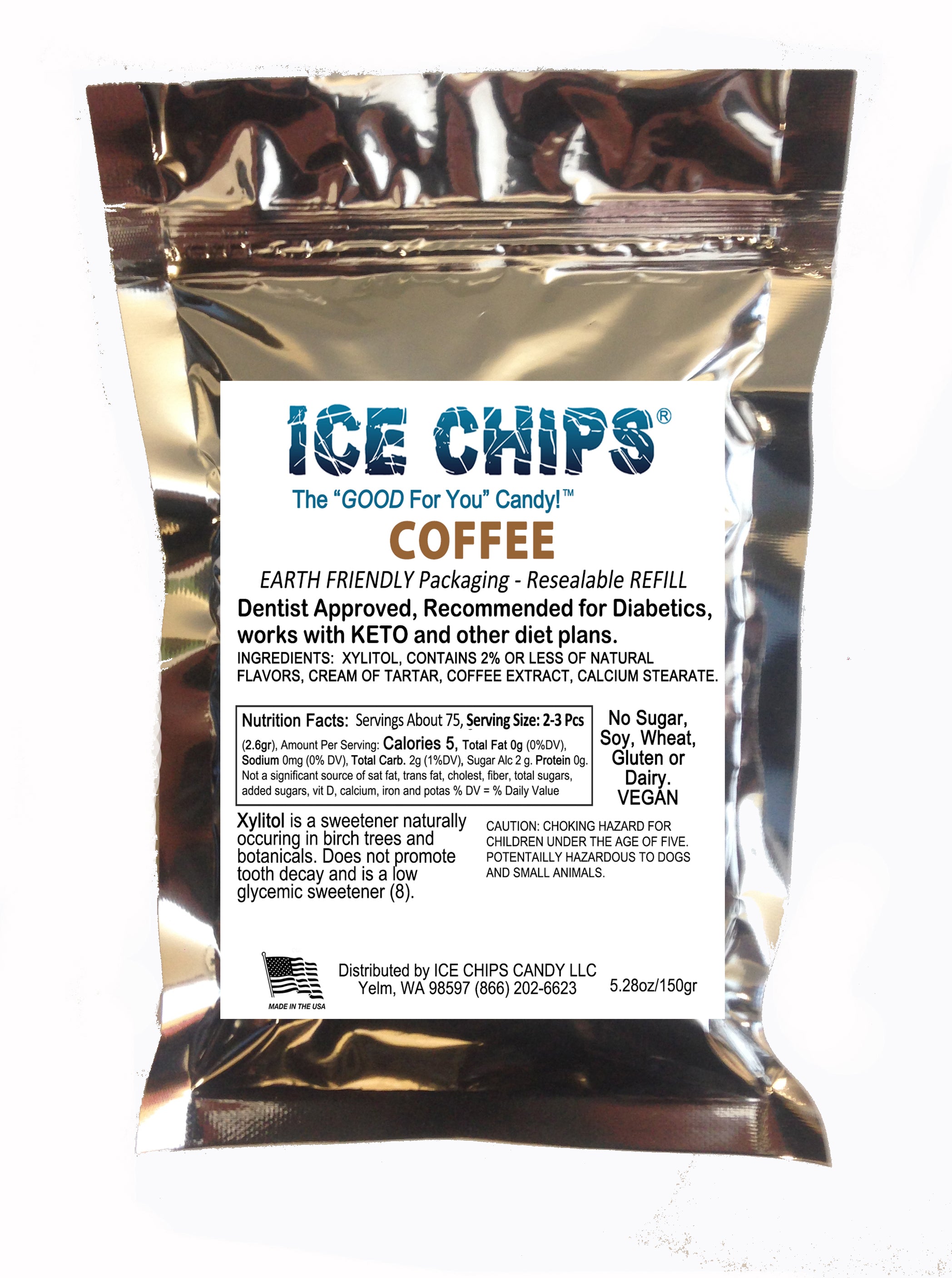 A resealable metallic silver pouch of ICE CHIPS Coffee Xylitol candy, featuring a white label with blue and black text, photographed against a plain white background.