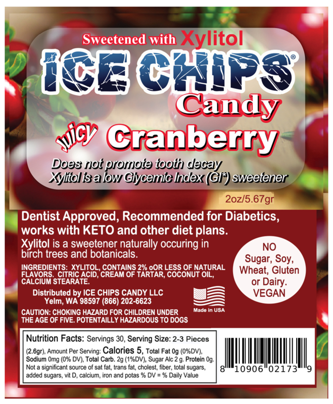 Ice Chips Candy Cranberry flavor xylitol candy, 2oz pouch — sugar-free, dentist approved, vegan, gluten-free