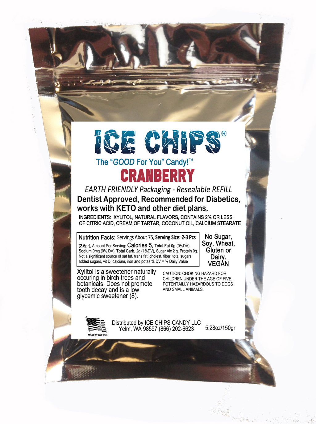 "Ice Chips Candy Cranberry flavor xylitol refill pouch, 5.28oz — sugar-free, resealable, vegan, keto-friendly"