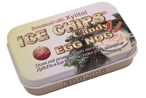 A tin of Ice Chips Candy Egg Nog sweetened with xylitol, featuring a cream-colored lid with festive holiday graphics and a white candy cup illustration.