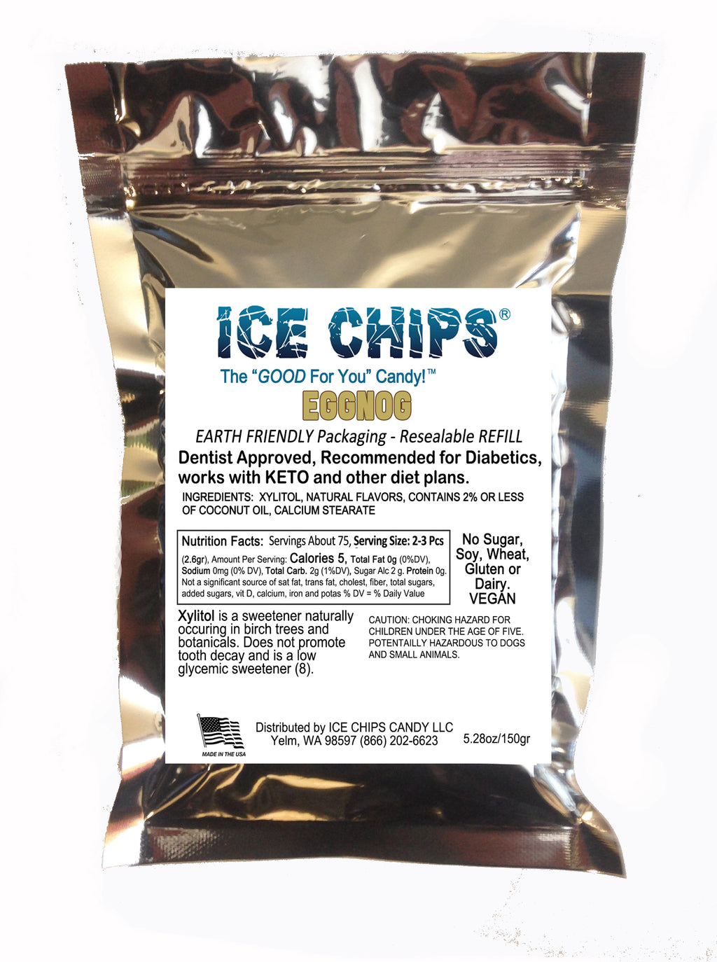 "Ice Chips Candy EggNog flavor xylitol refill pouch, 5.28oz — sugar-free, resealable, vegan, keto-friendly"