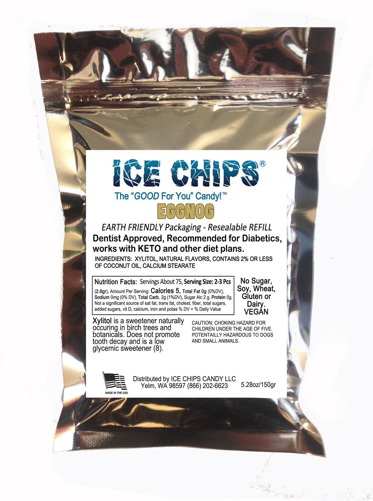 "Ice Chips Candy EggNog flavor xylitol refill pouch, 5.28oz — sugar-free, resealable, vegan, keto-friendly"