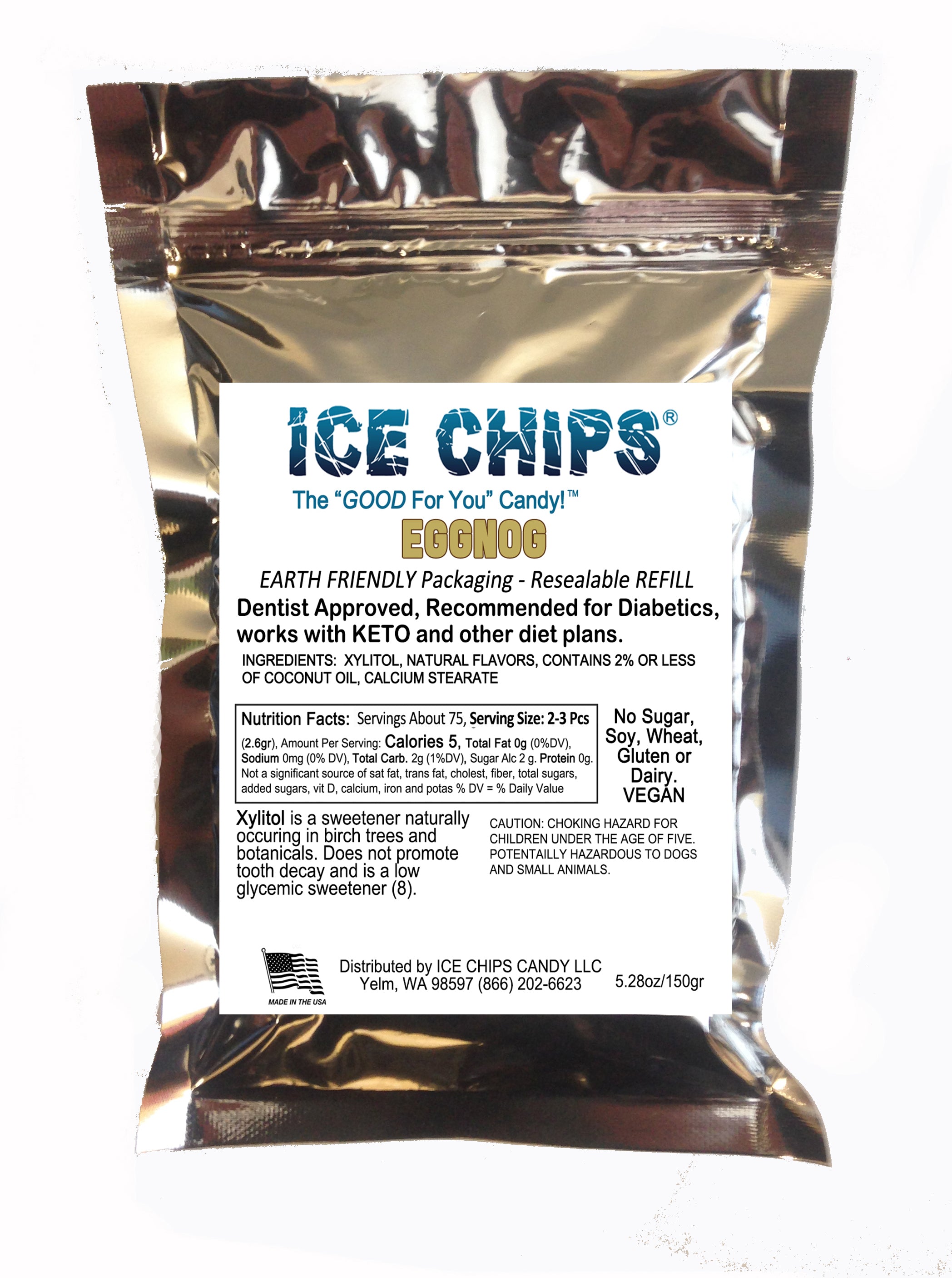 "Ice Chips Candy EggNog flavor xylitol refill pouch, 5.28oz — sugar-free, resealable, vegan, keto-friendly"