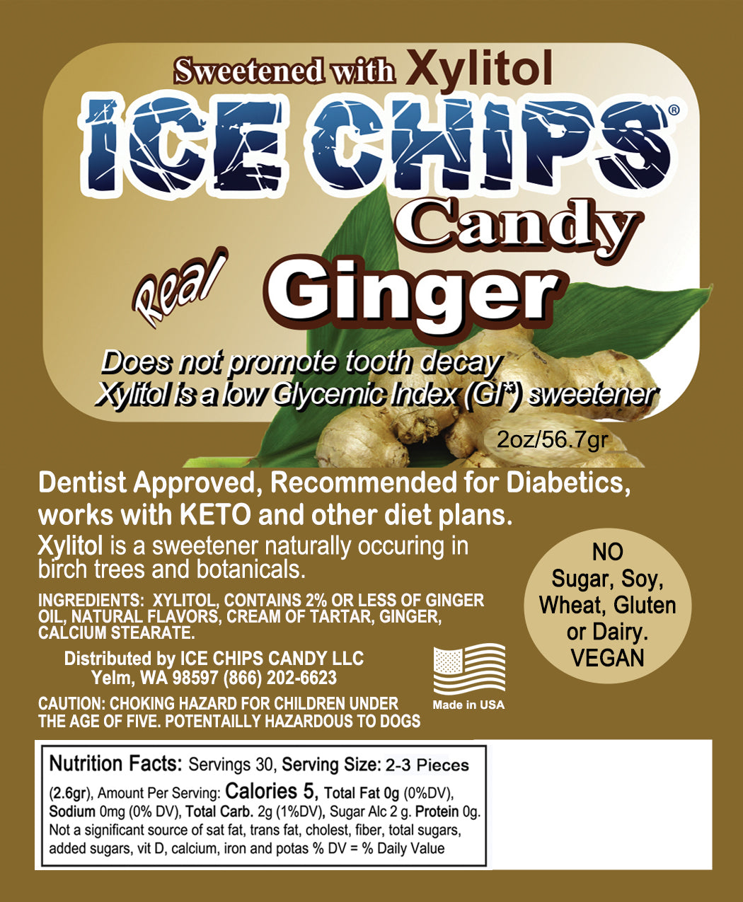 Ice Chips Candy Label for Ginger flavor xylitol candy, 2oz — sugar-free, dentist approved, vegan, keto-friendly