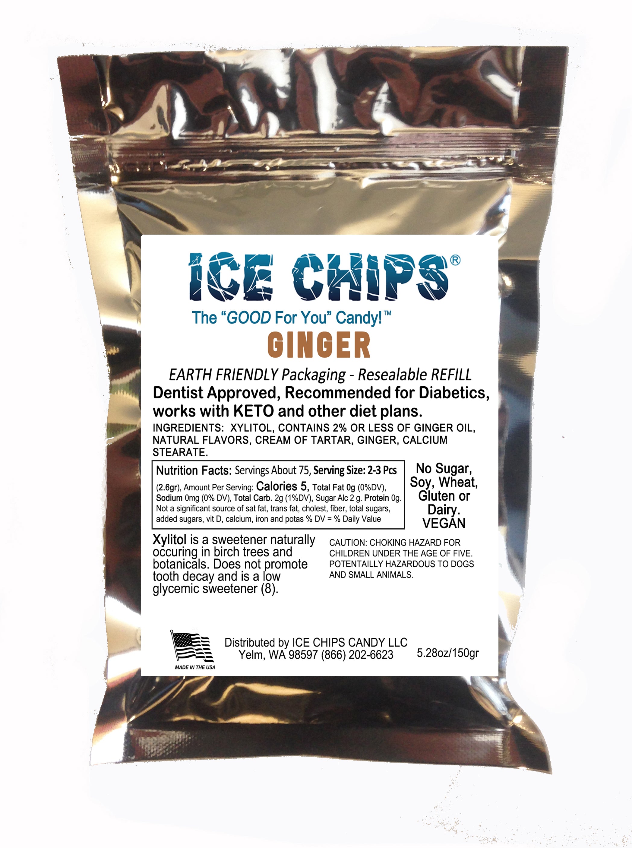 A resealable refill pouch of ICE CHIPS Ginger flavor Xylitol Candy on a plain white background. The pouch is metallic silver with a large white front label containing product details, nutrition facts, and branding.