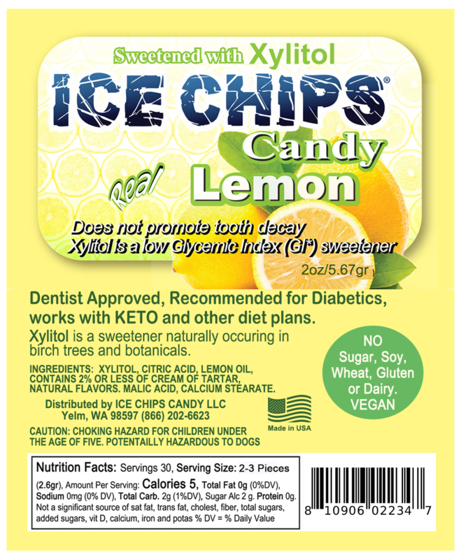 Ice Chips Candy Lemon flavor xylitol candy, 2oz pouch — sugar-free, dentist approved, vegan, gluten-free