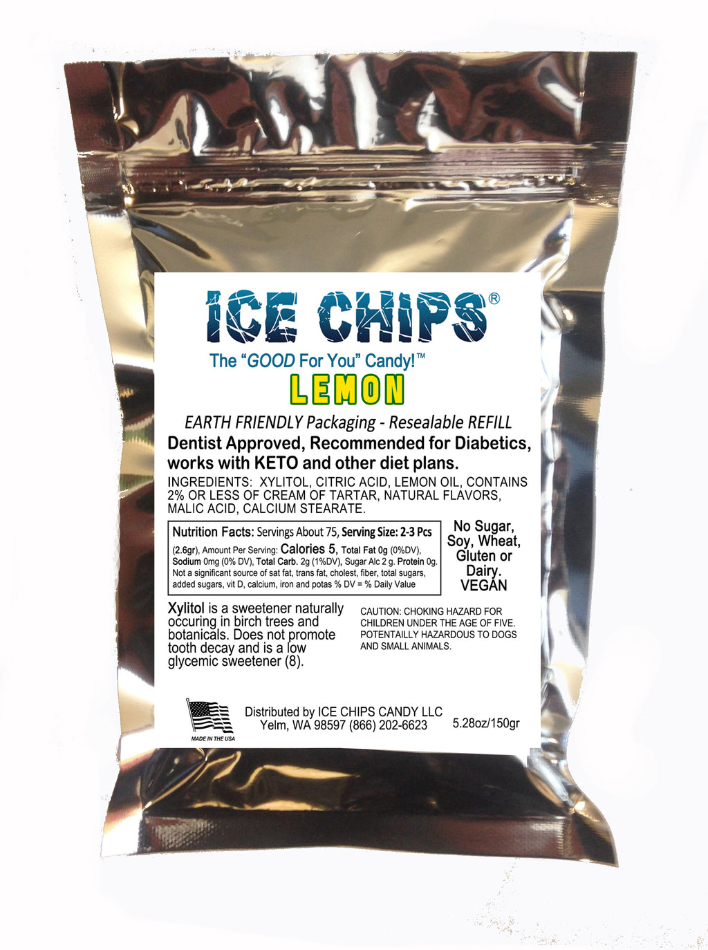 A silver resealable pouch of ICE CHIPS Lemon flavor Xylitol candy, featuring a white front label with blue and black text, photographed against a plain white background.