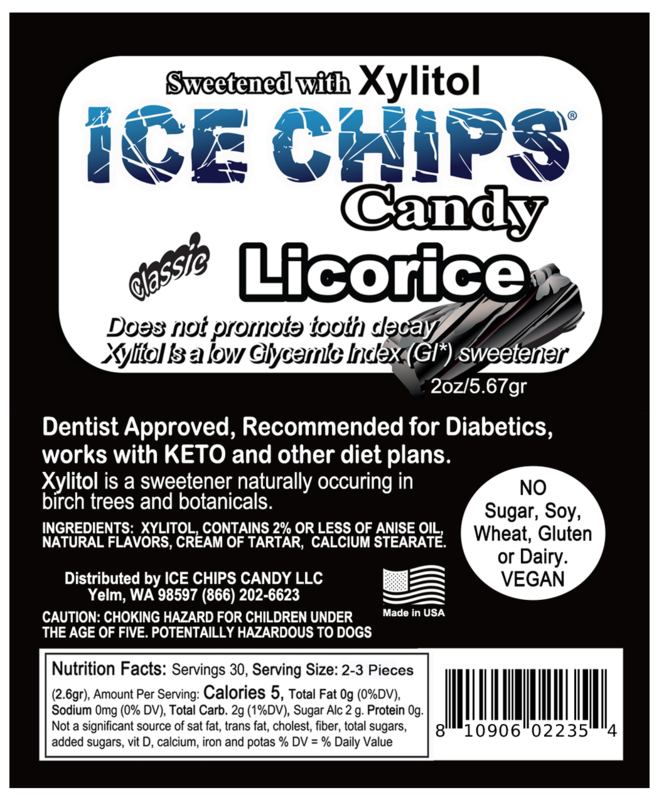 Front of an ICE CHIPS Candy Licorice package label, showing the product name, ingredients, nutrition facts, and a barcode on a black background.