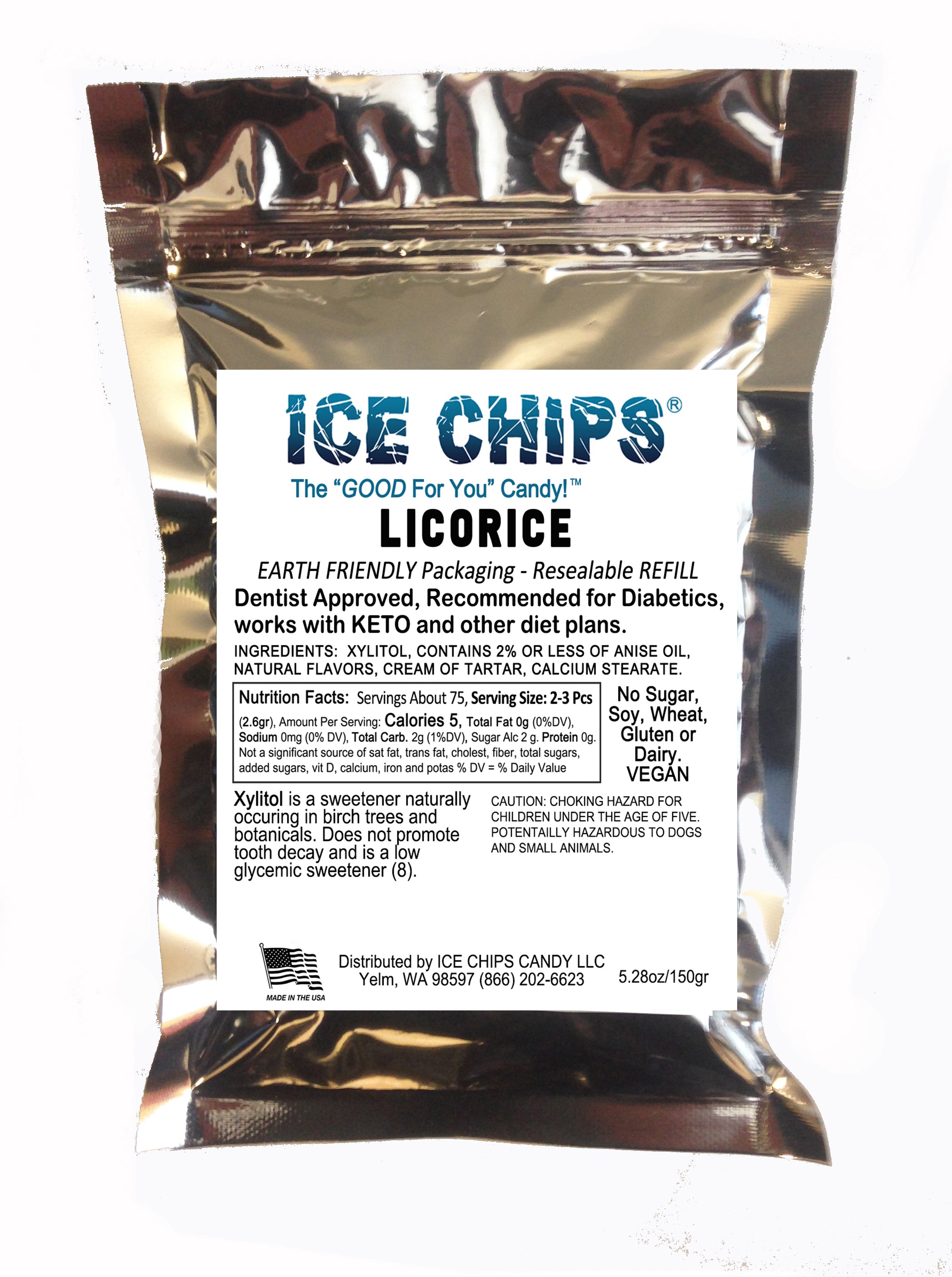 A silver resealable pouch of Ice Chips Licorice Xylitol Candy with a large white front label, photographed against a plain white background.