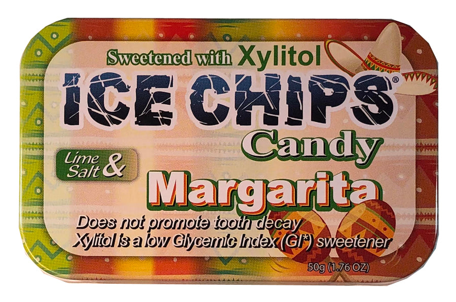 A tin of ICE CHIPS Candy in Lime Salt & Margarita flavor, sweetened with Xylitol. The packaging features a colorful Mexican-inspired pattern with a sombrero illustration and clear text detailing the flavor and ingredients.