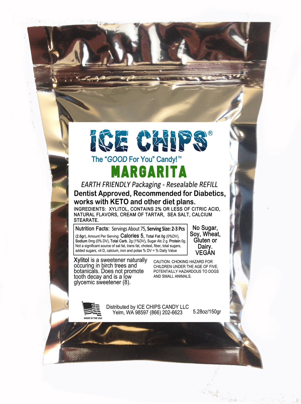 A metallic silver resealable pouch of ICE CHIPS Margarita Xylitol candy, featuring a white label with blue and green text, photographed against a plain white background.
