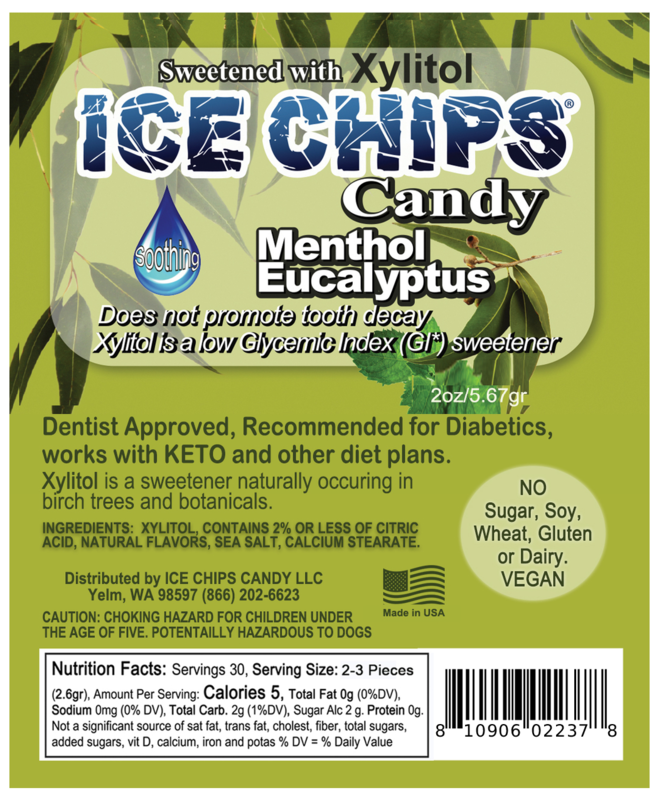 Ice Chips Candy Menthol Eucalyptus flavor xylitol candy, 2oz pouch — sugar-free, dentist approved, vegan, gluten-free