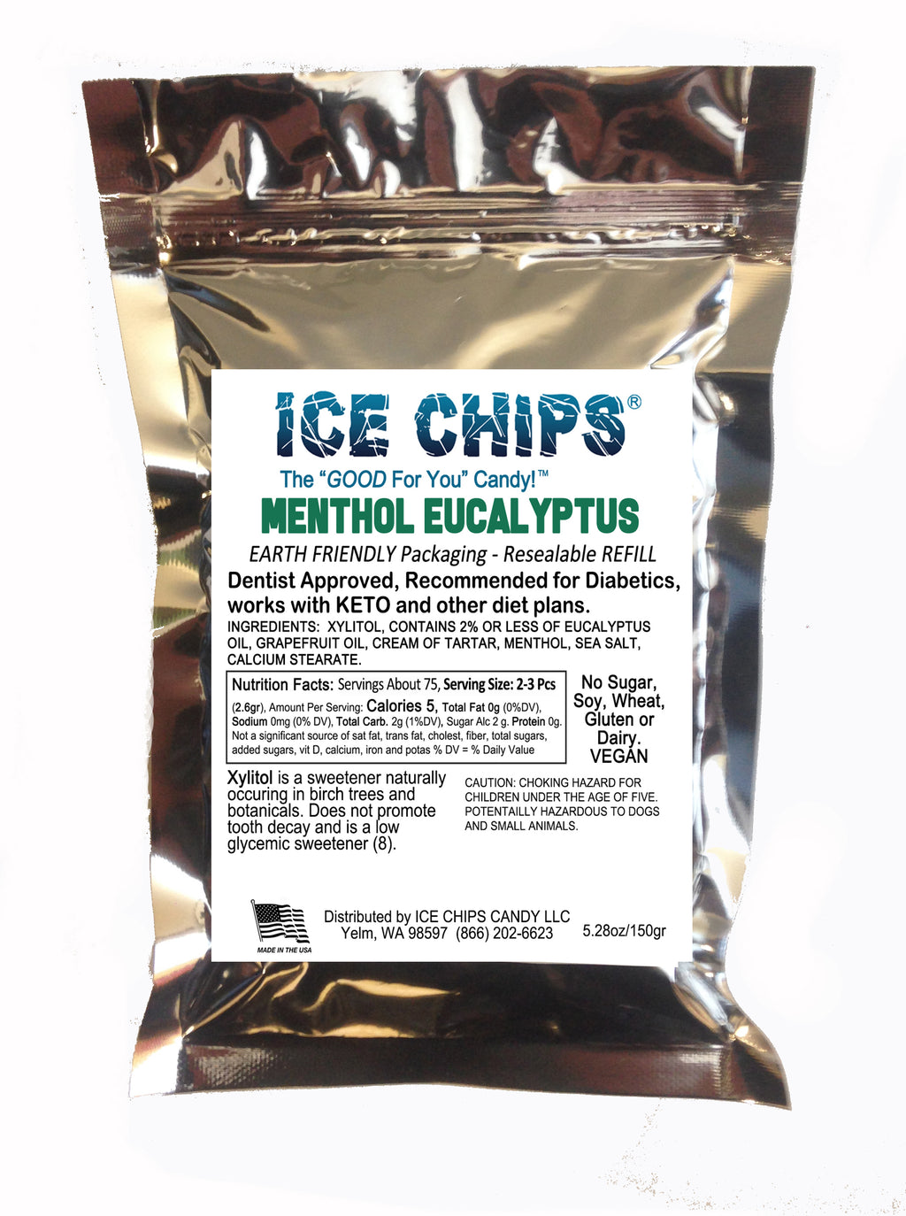A silver resealable pouch of ICE CHIPS Menthol Eucalyptus candy refill packaging, featuring a white label with blue and green text on a white background.