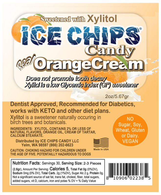 Ice Chips Candy Orange Cream flavor xylitol candy, 2oz pouch — sugar-free, dentist approved, vegan, gluten-free