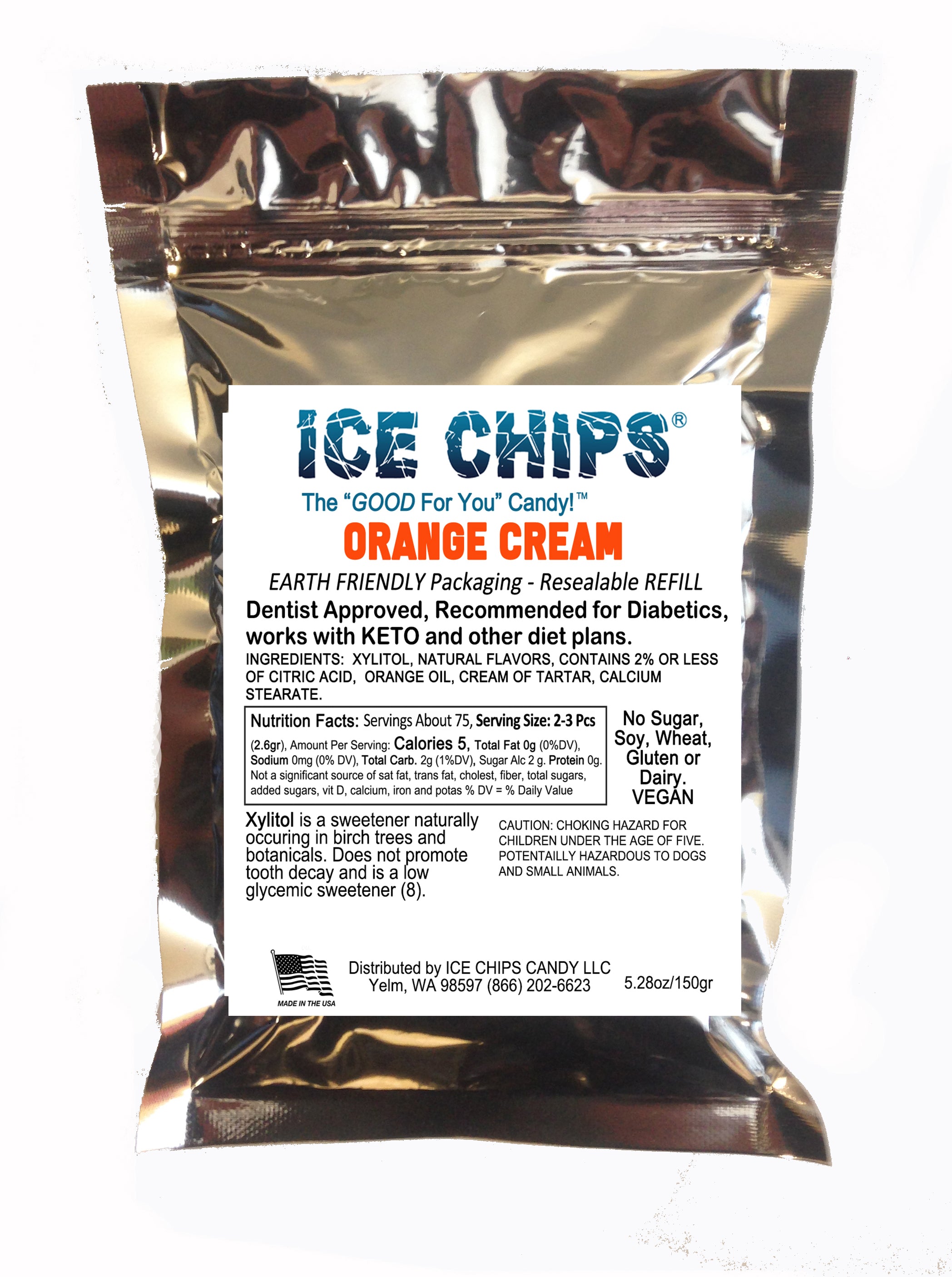 A metallic silver resealable pouch of ICE CHIPS  ORANGE CREAM Xylitol candy, featuring a white label with blue and black text on a white background.