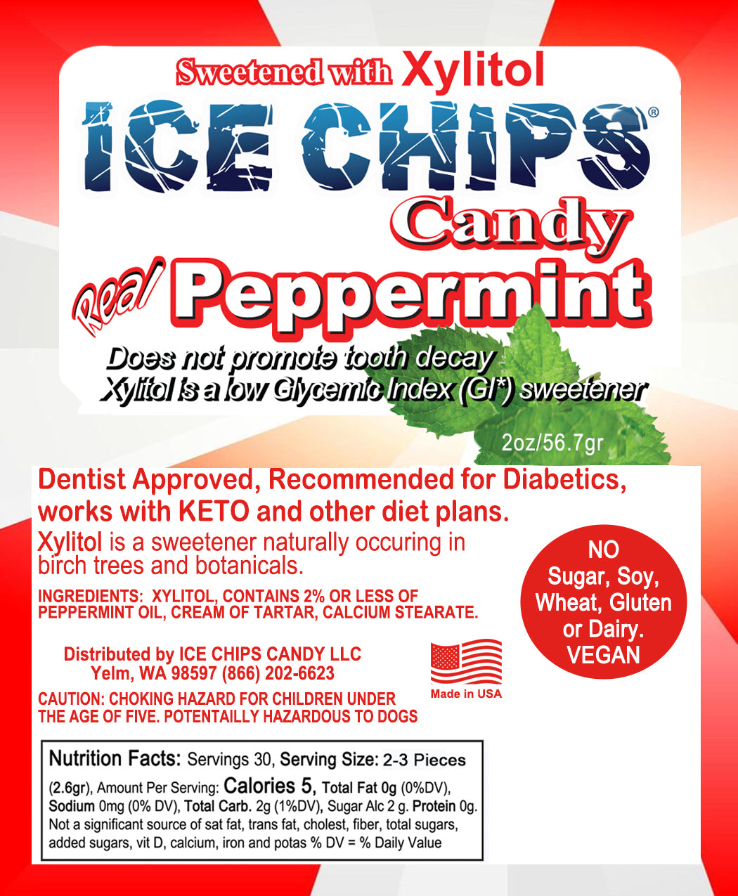 Ice Chips Candy Peppermint xylitol mints, 2oz — sugar-free, dentist approved, vegan, keto-friendly