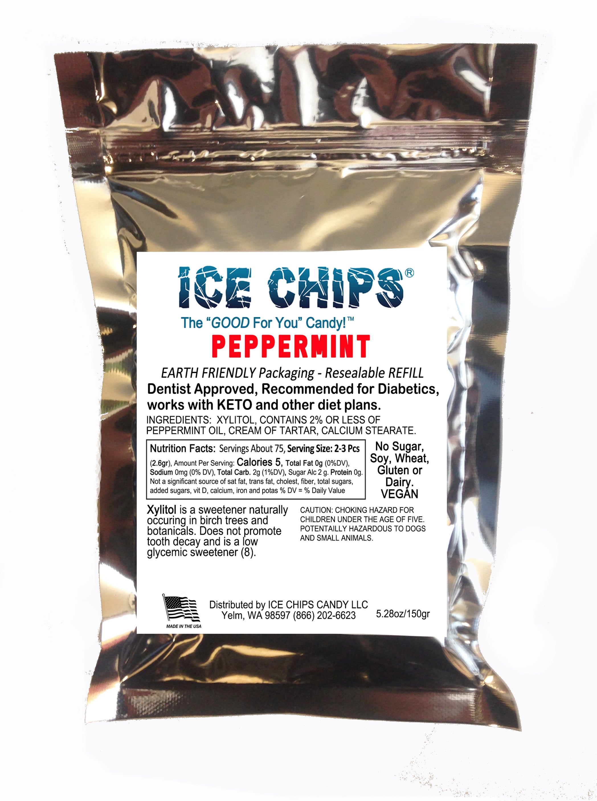 A silver resealable pouch of ICE CHIPS Candy Peppermint Earth Friendly Packaging refill, featuring a white label with blue and red text.