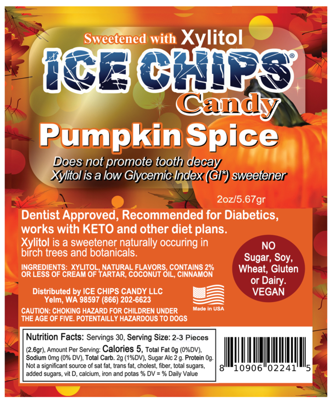 Ice Chips Candy Pumpkin Spice flavor xylitol candy, 2oz pouch — sugar-free, dentist approved, vegan, gluten-free
