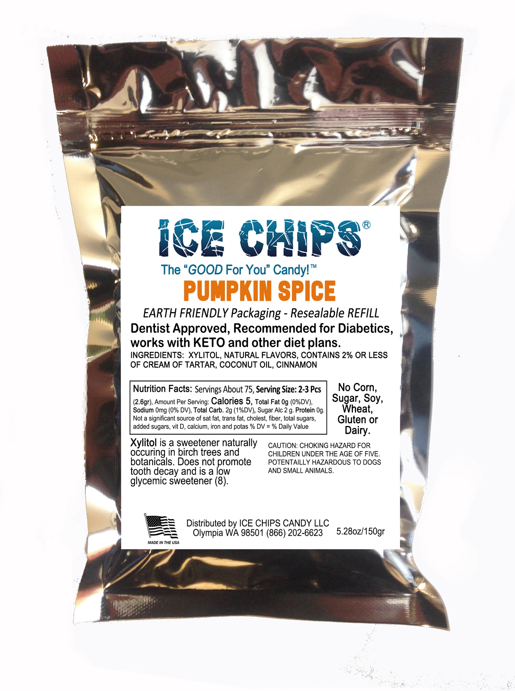A resealable stand-up pouch of ICE CHIPS Pumpkin Spice candy, made from silver metallic material with a large white front label. The label shows the brand name ICE CHIPS, the flavor Pumpkin Spice, and product details including nutrition facts and ingredients.