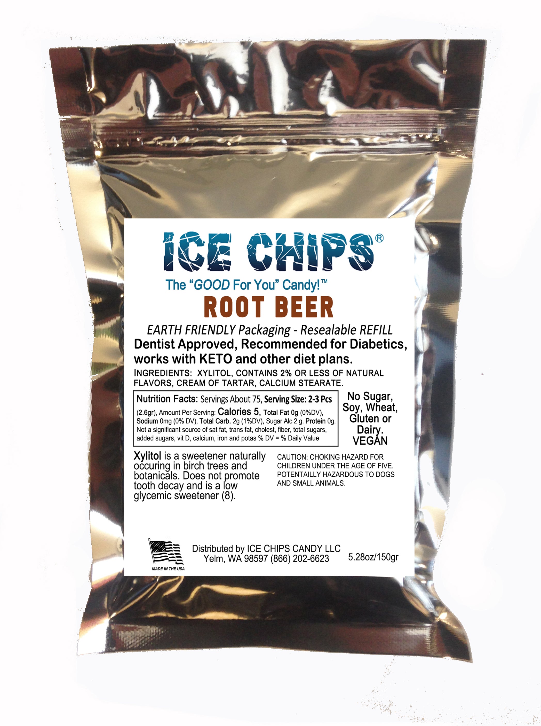 A silver resealable pouch of ICE CHIPS Root Beer Float Xylitol candy with a white front label, photographed against a plain white background.