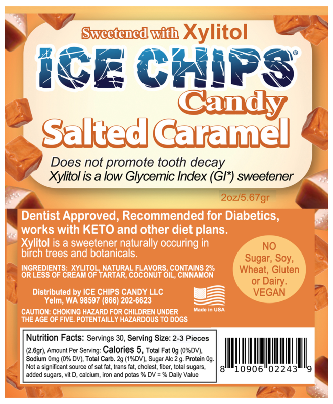 Ice Chips Candy Salted Caramel flavor xylitol candy, 2oz pouch — sugar-free, dentist approved, vegan, gluten-free