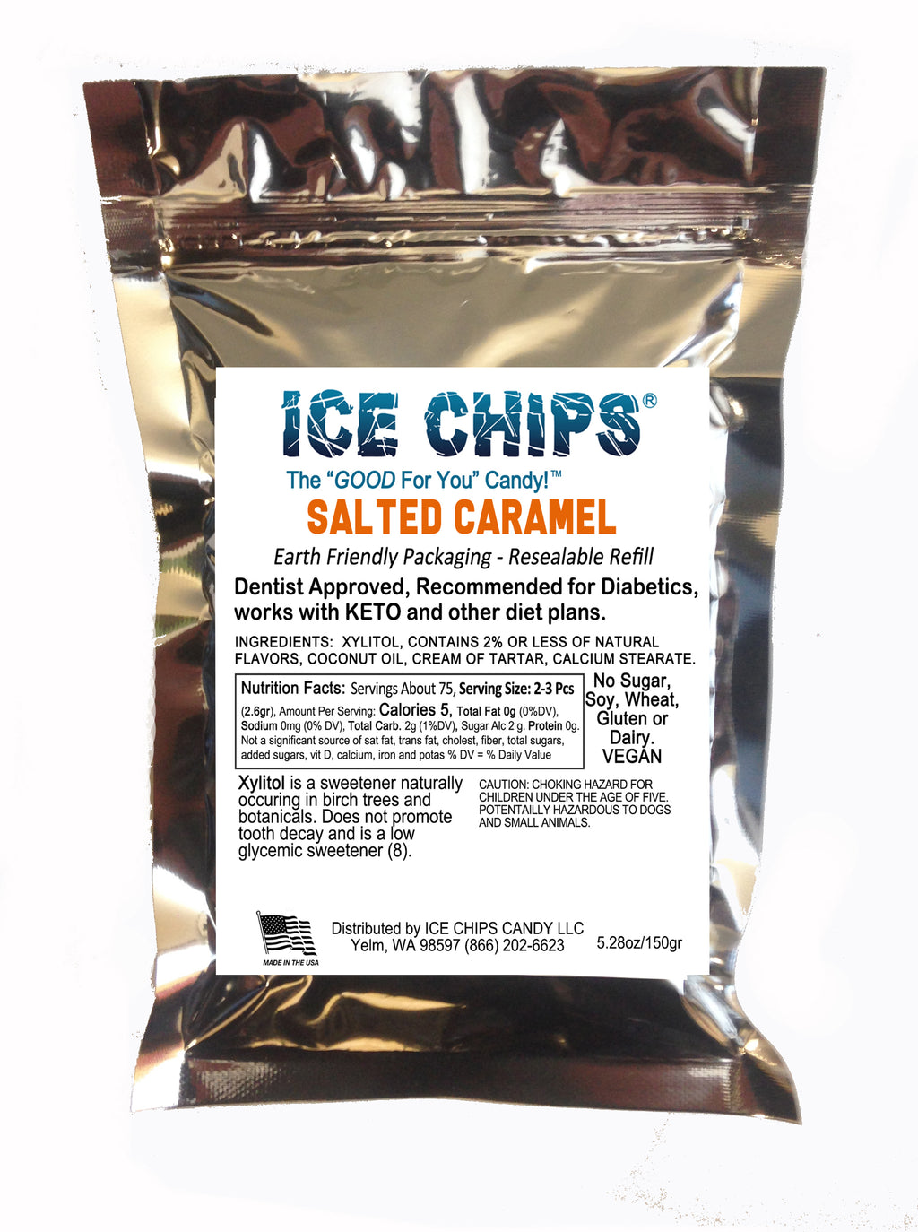A metallic silver resealable pouch of Ice Chips Salted Caramel refill with a large white product label on the front, photographed against a plain white background.