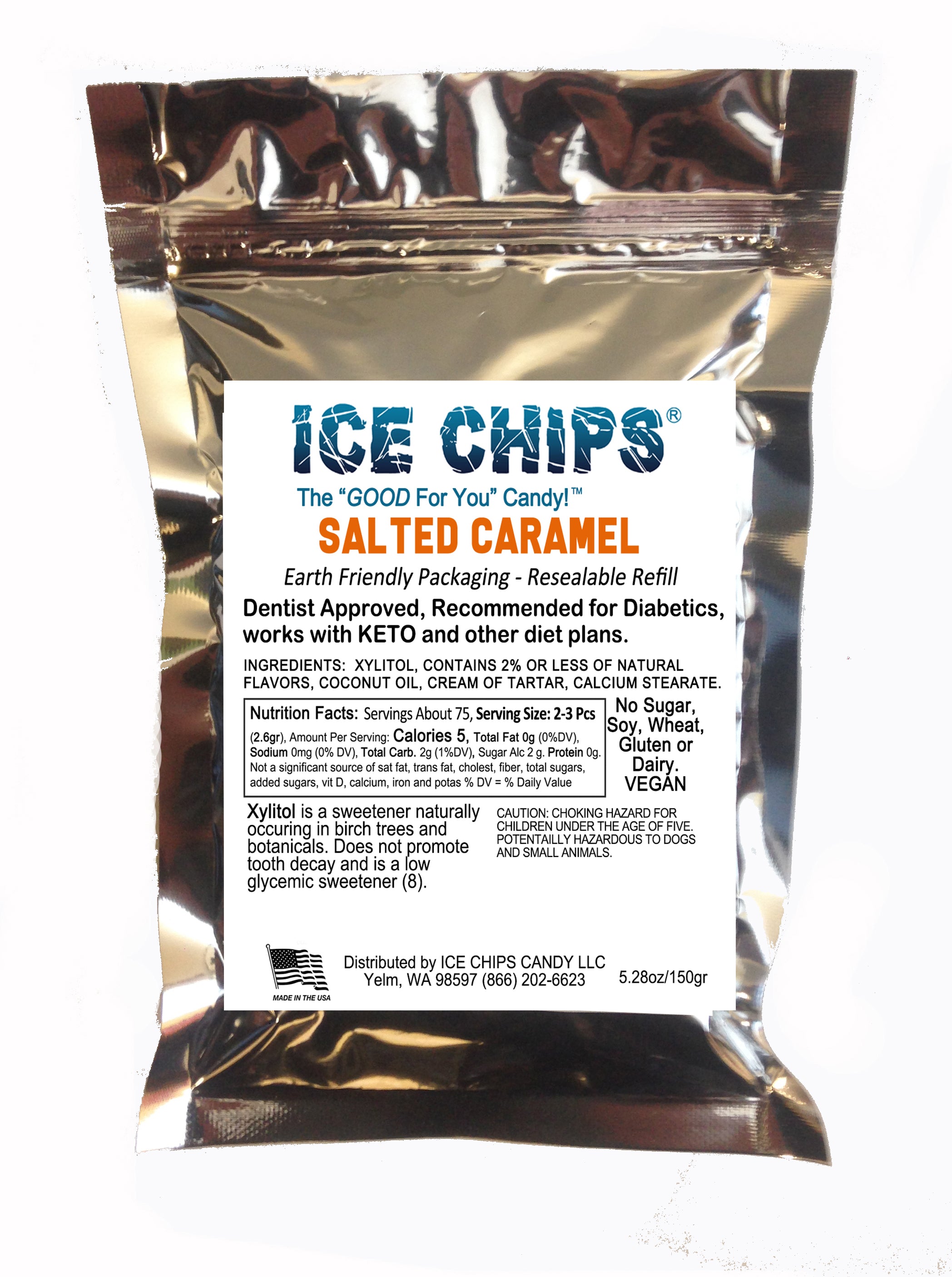 A metallic silver resealable pouch of Ice Chips Salted Caramel refill with a large white product label on the front, photographed against a plain white background.