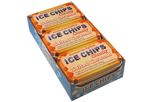 A retail display box containing six pack of Xylitol Ice Chips Candy Salted Caramel, shown on a plain white background.