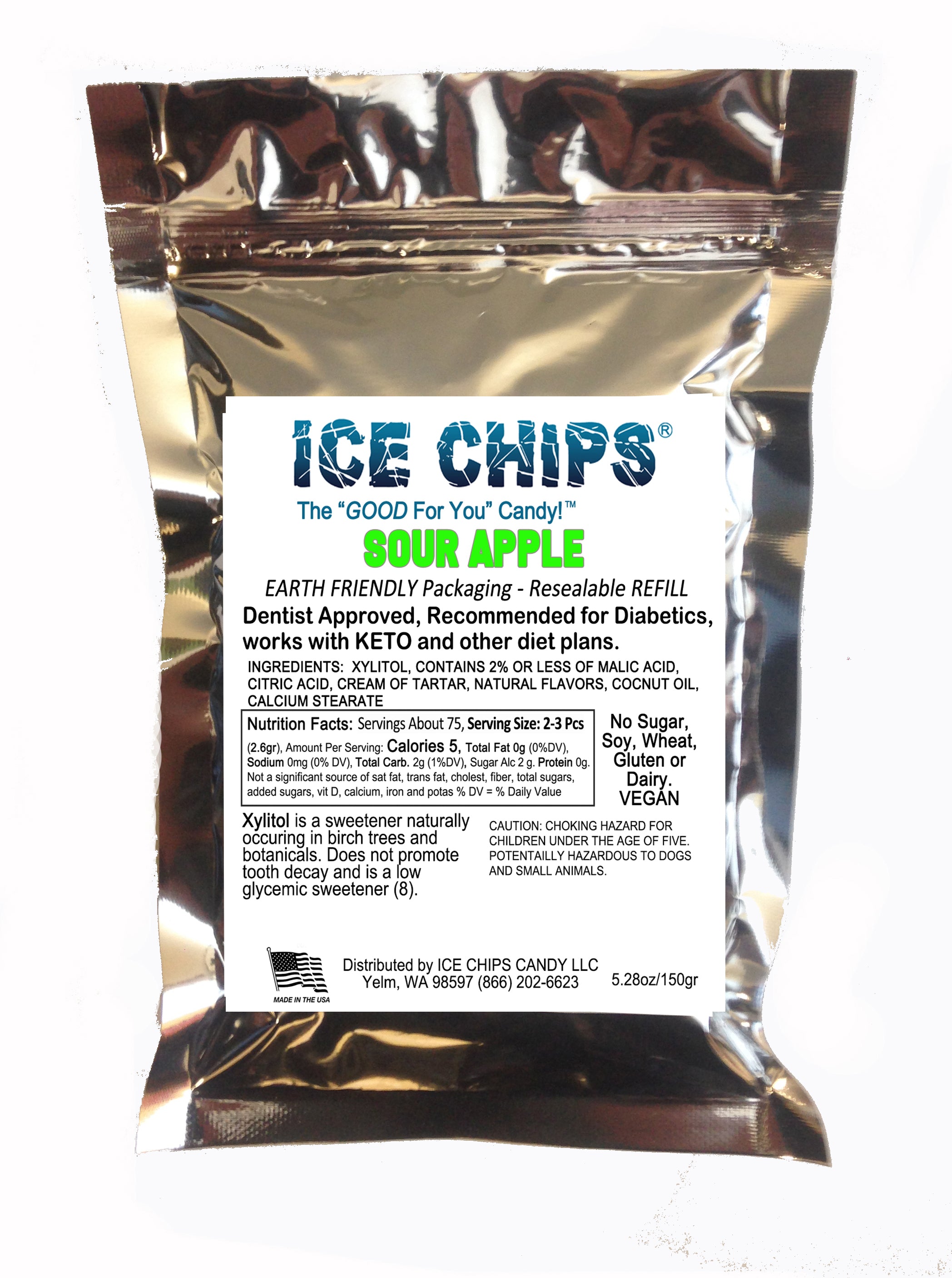 A metallic silver resealable pouch of Ice Chips Sour Apple Xylitol Candy, featuring a white label with black and blue text.