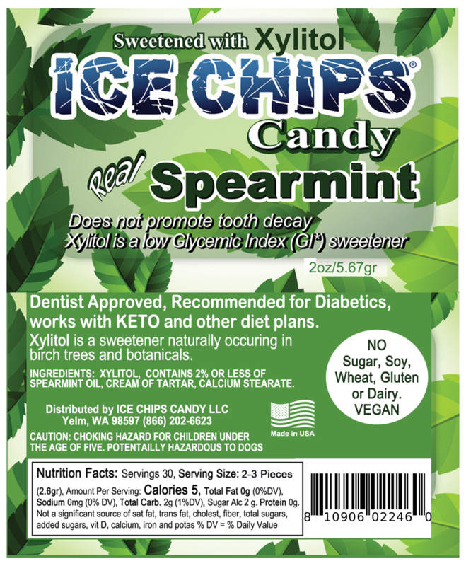 Ice Chips Candy Spearmint flavor xylitol candy, 2oz pouch — sugar-free, dentist approved, vegan, gluten-free