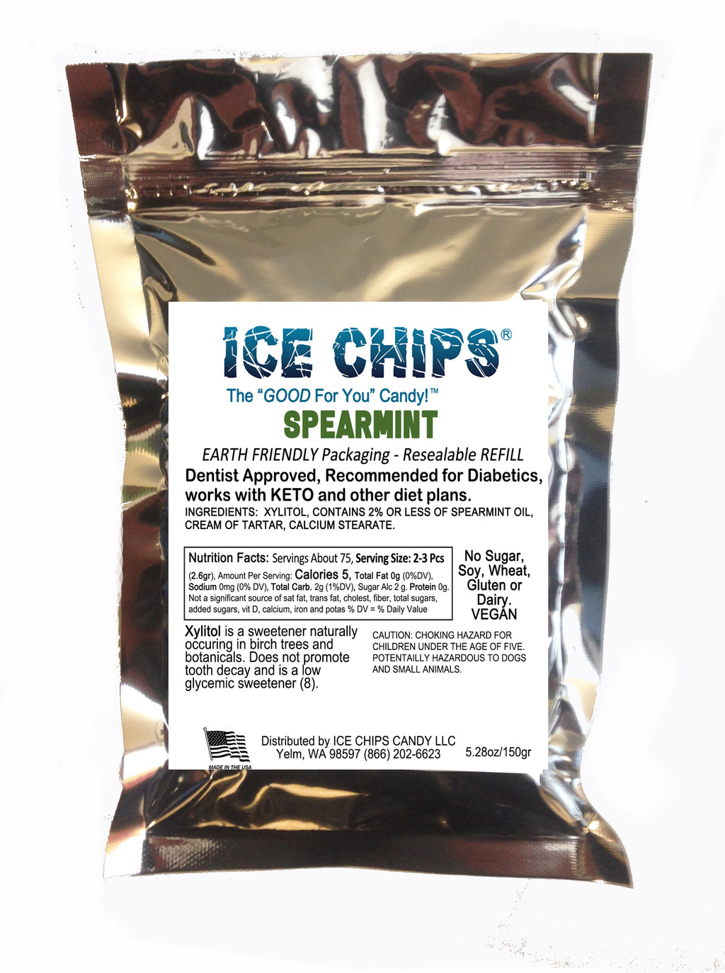 A resealable metallic silver pouch of Ice Chips Candy Spearmint flavor Xylitol Candy, with a large white label showing product details and nutrition facts.