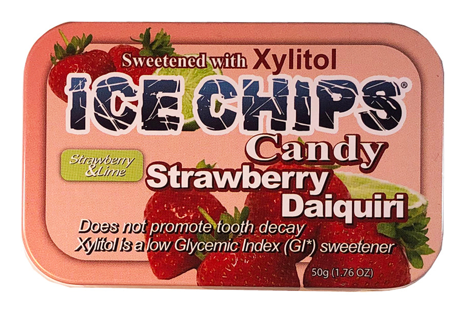 A 50g tin of Ice Chips Candy Strawberry Daiquiri sweetened with Xylitol, featuring a pinkish-orange background with illustrations of strawberries, limes, and the brand logo.